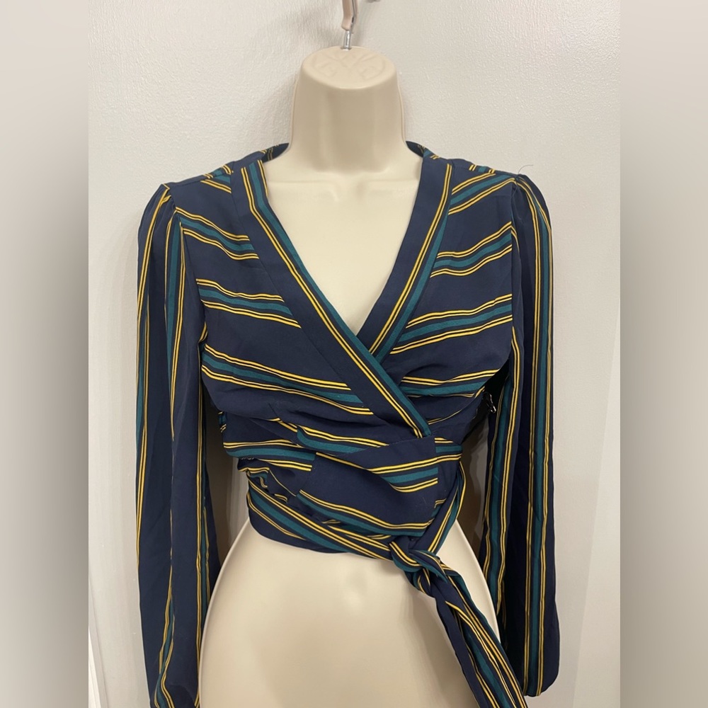 Navy & Green Stripe Wrap Long Sleeve Cropped  Top